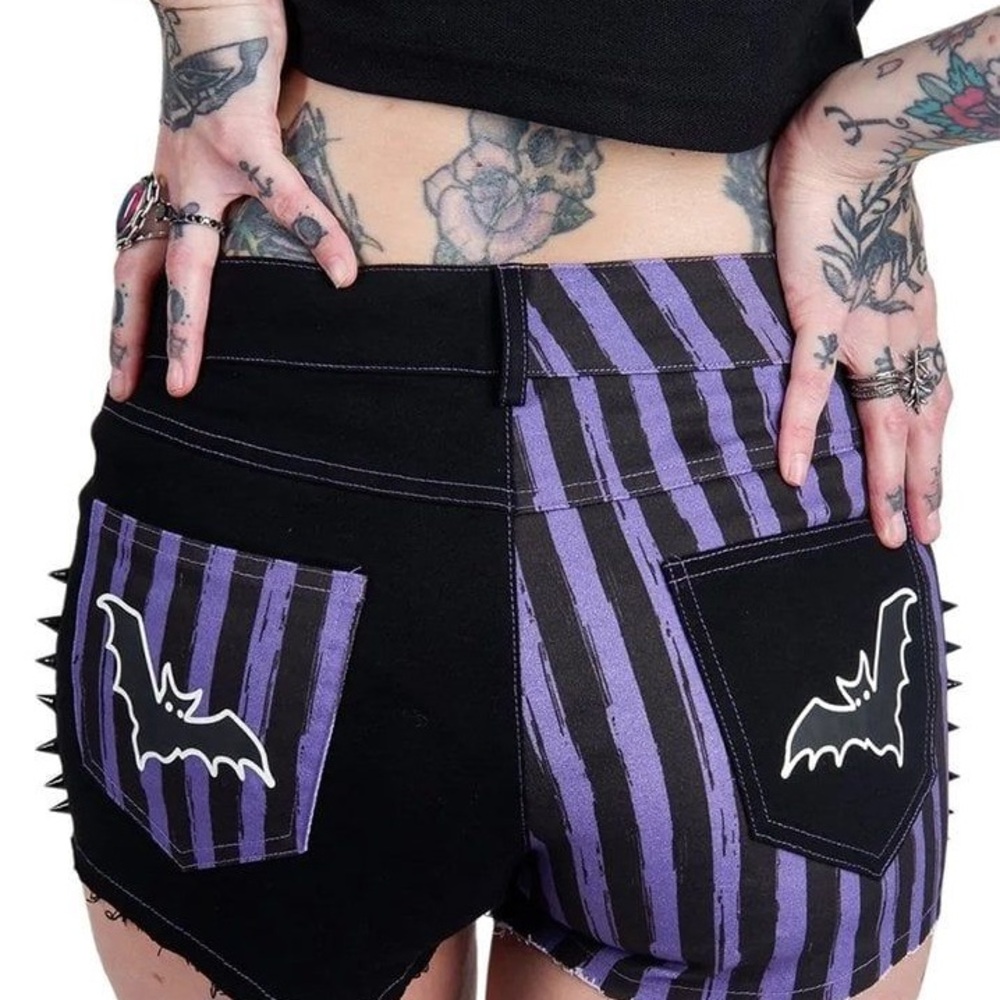 Too Fast clothing Black and Purple Striped Shorts with Bat Design